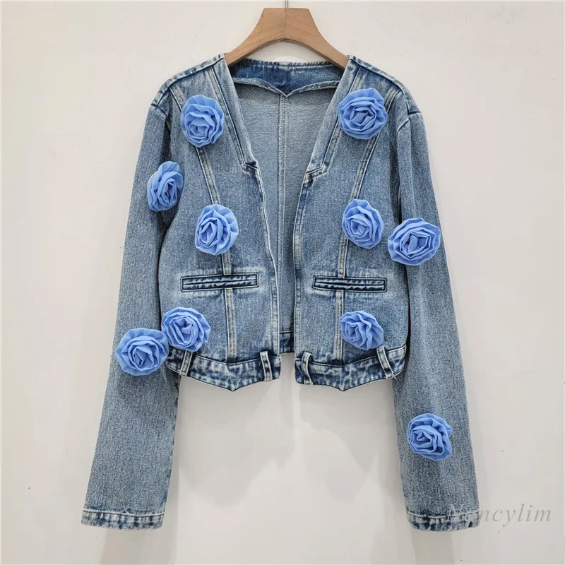 

European and American Style Retro Washed Light Blue Denim Jacket Three-Dimensional Flower All-Match High Waist Jean Coat Street