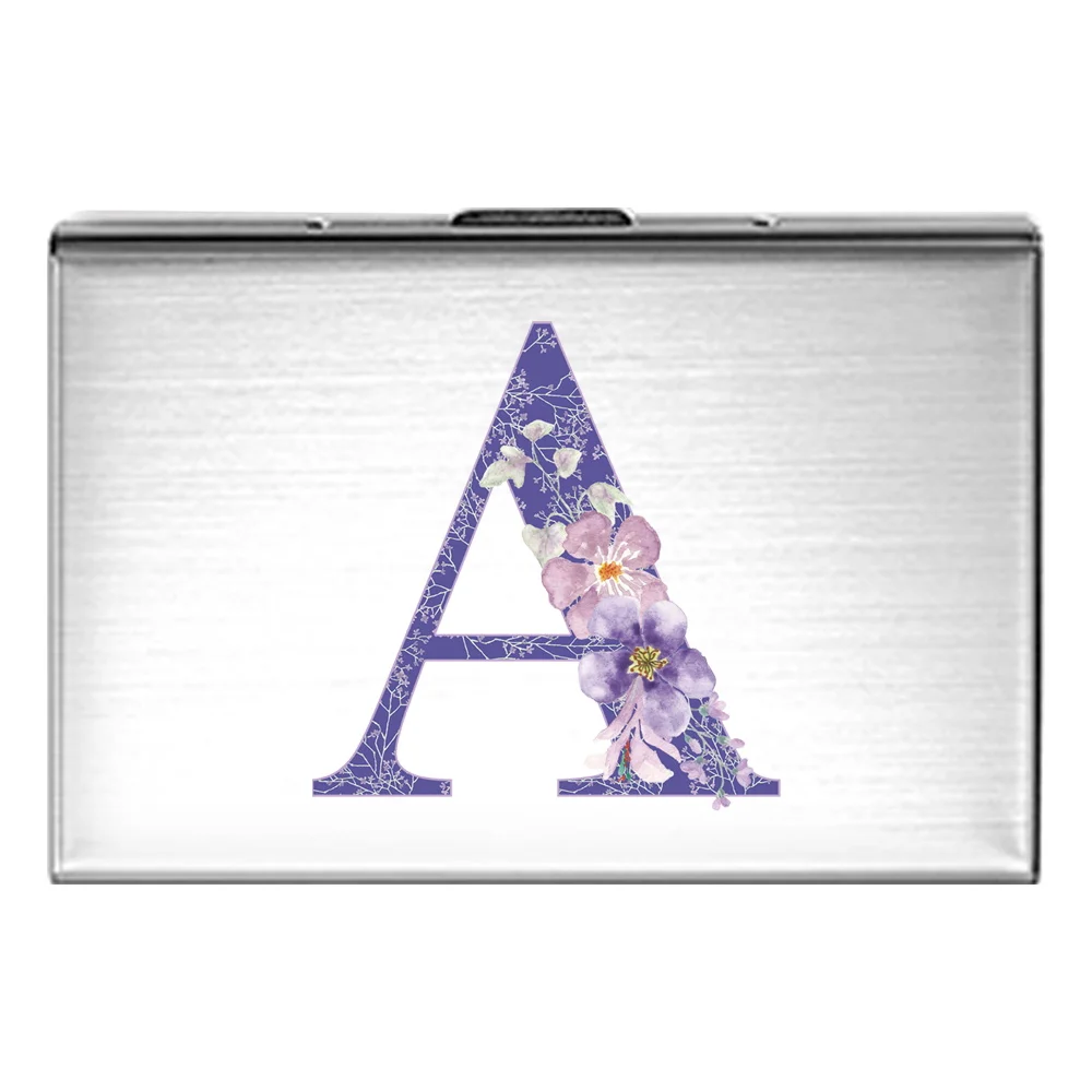 Tarjetero de Metal para tarjetas de visita, estuche delgado de bolsillo para tarjetas IC de acero inoxidable Unisex, almacenamiento de tarjetas serie de flores púrpuras