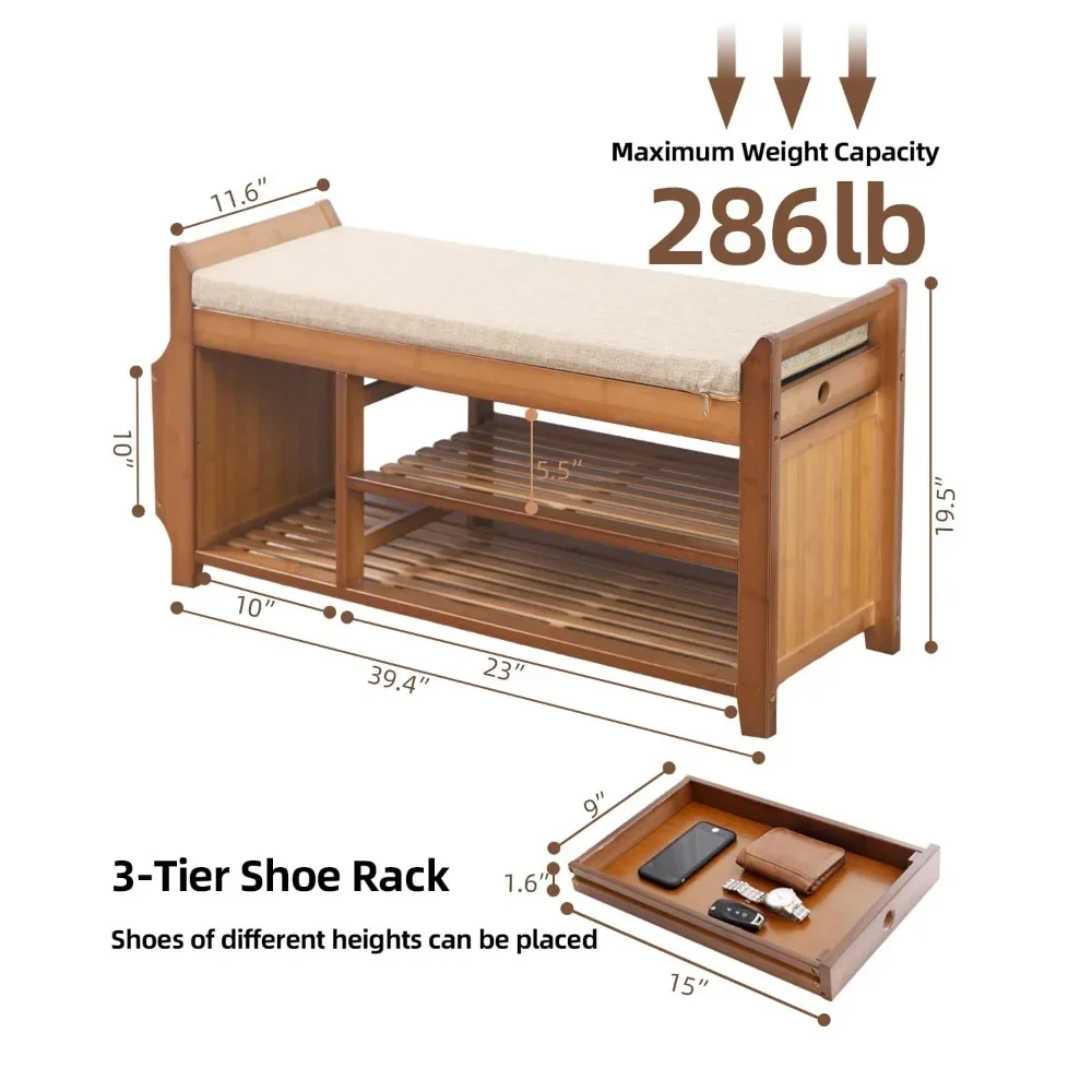 New 2 Tier Shoe Bench, Shoe Rack with Hidden Drawer and Side Holder