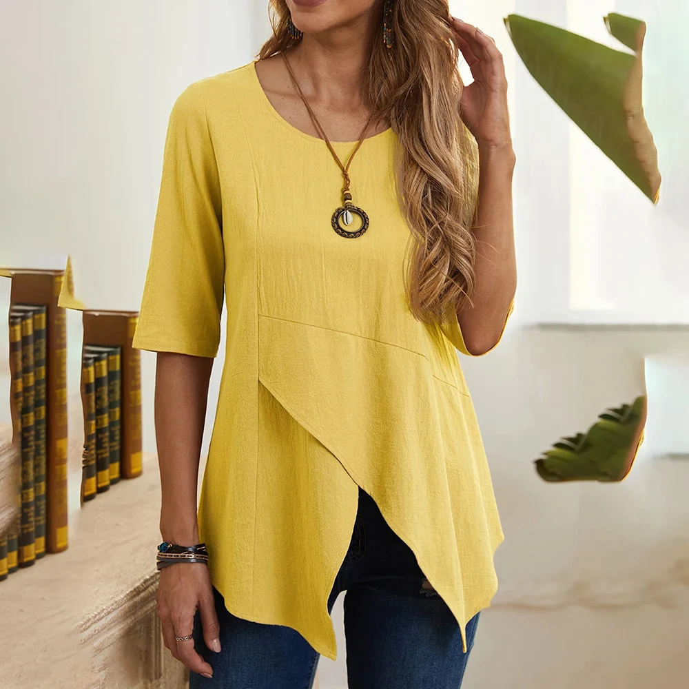 

Fashion O-neck Short Sleeve Solid Women Tops And Blouses 2023 Summer Casual Irregular Cotton Linen Top Femme Blouse Shirt