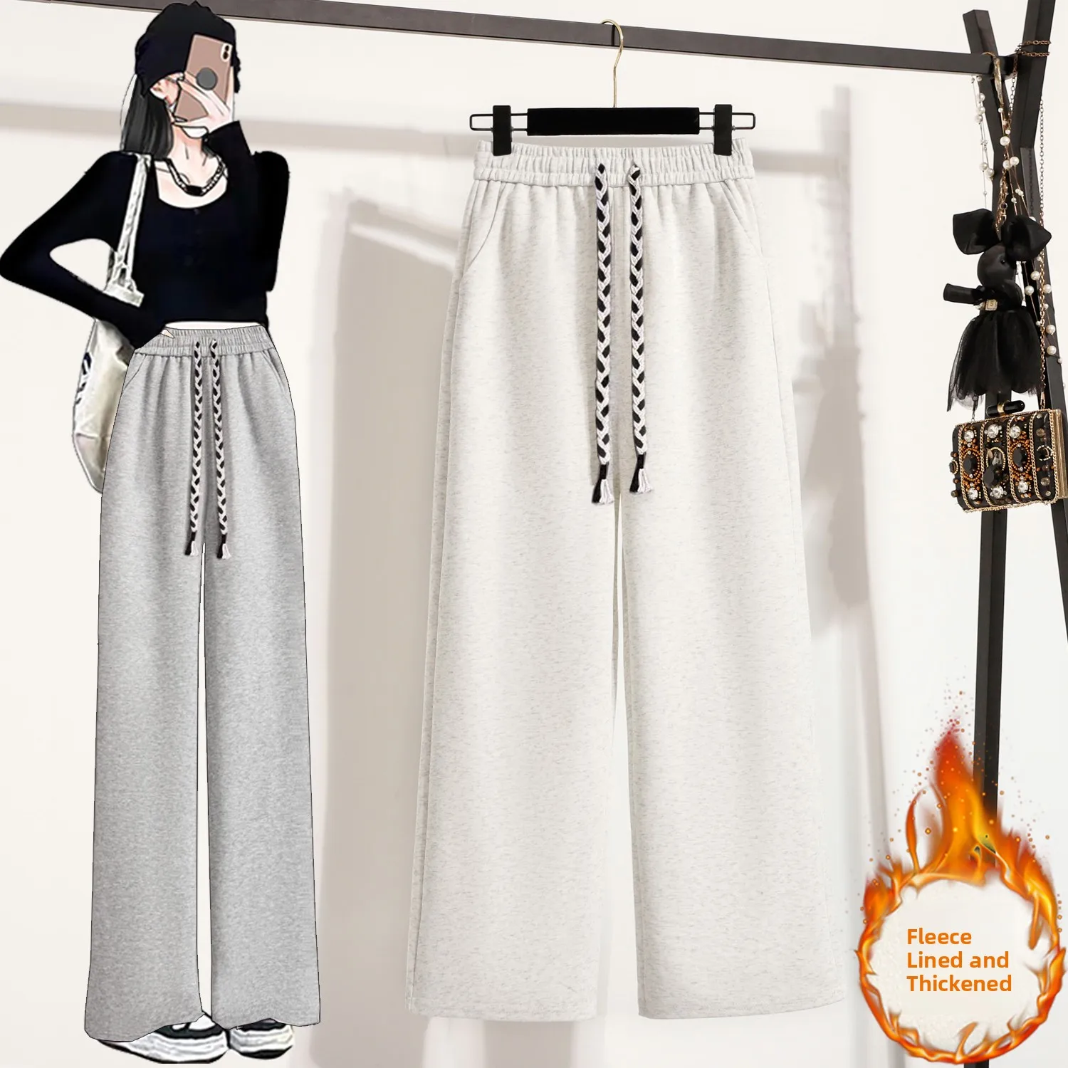 กางเกงขายาวทรงตรงขากว้างสไตล์ลำลองเอวสูงสำหรับผู้หญิง ผ้าสวมใส่สบาย อุ่น เหมาะสำหรับฤดูหนาว