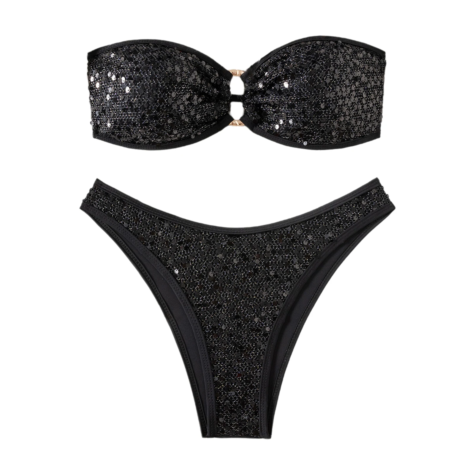 

Женский блестящий купальник с пайетками, комплект из топа-бюстгальтера без бретелек с кольцом на спине и завязками, и трусиков с высокой талией, пляжная одежда