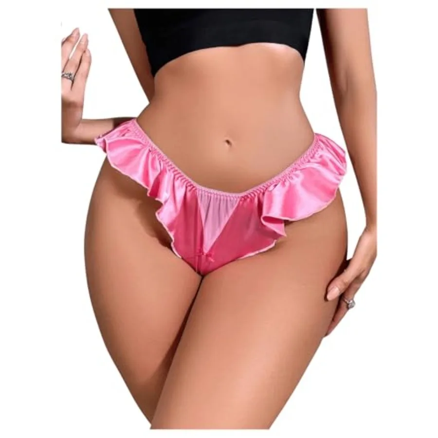 

OYOANGLE Women's Silk Stain Ruffle Trim Thong Panties Low Rise No Show Underwear