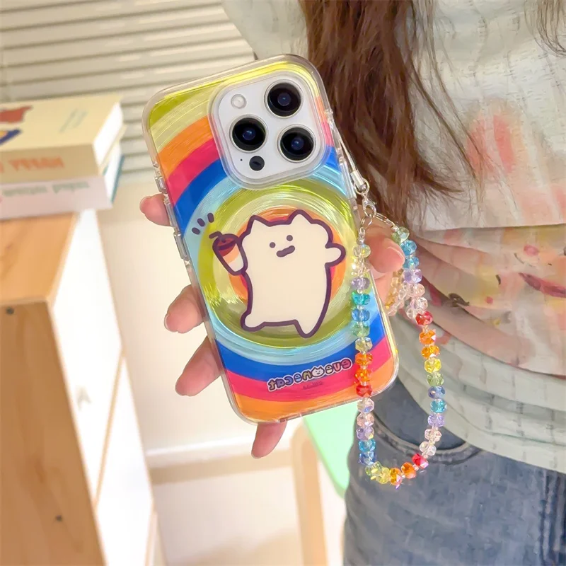 

Kawaii Rainbow Cute Cartoon Phone Case For iPhone 16 Pro 15 13 14 Pro Max Cover with Chain Shockproof Bumper Lovely Cases Funda