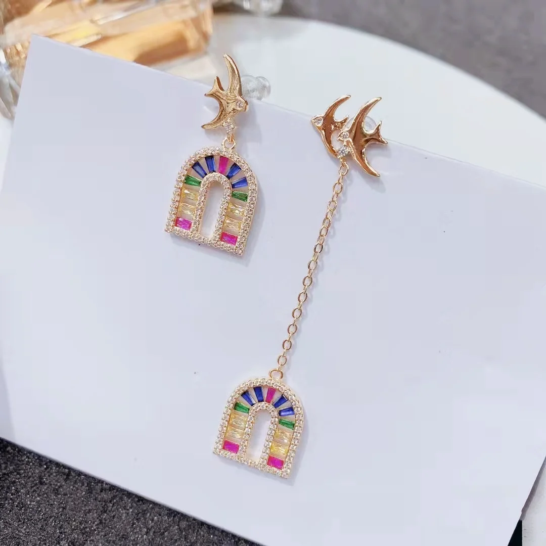 

925 Silver Needle Luxury Swallow Rainbow Arch Asymmetric Drop Earrings, Colorful Statement Party Jewelry Gift for Women