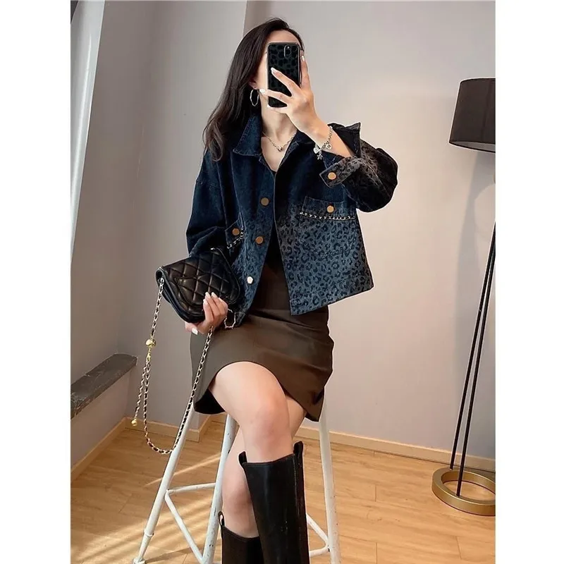 Vintage Leopard-Print denim coat women spring and autumn fashion short jeans jacket single-breasted loose Cowboy outerwear T300