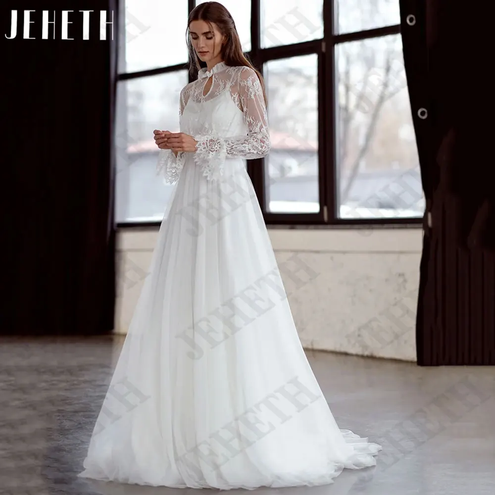 Jeheth High Neck A-Linie Brautkleider Spitze Langarm 2024 Brautkleider rücken freie Rücken knöpfe Tüll Vestido de Noiva CasamentoJeheth High Neck A-Linie Brautkleider Spitze Langarm 2024 Brautkleider rücken freie Rücke