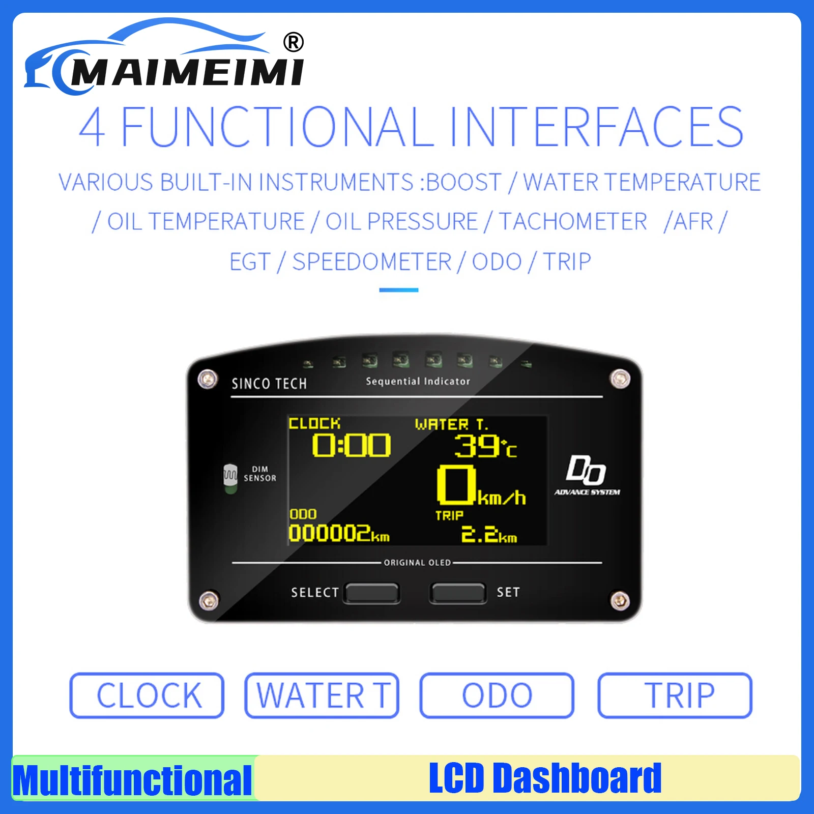 

MAIMEIMI 10 in 1 Race Dash Panels OLED Digital Display Full Sensor Kit Car Multi-Function Dashboard RPM Speed Fit for 12V Car