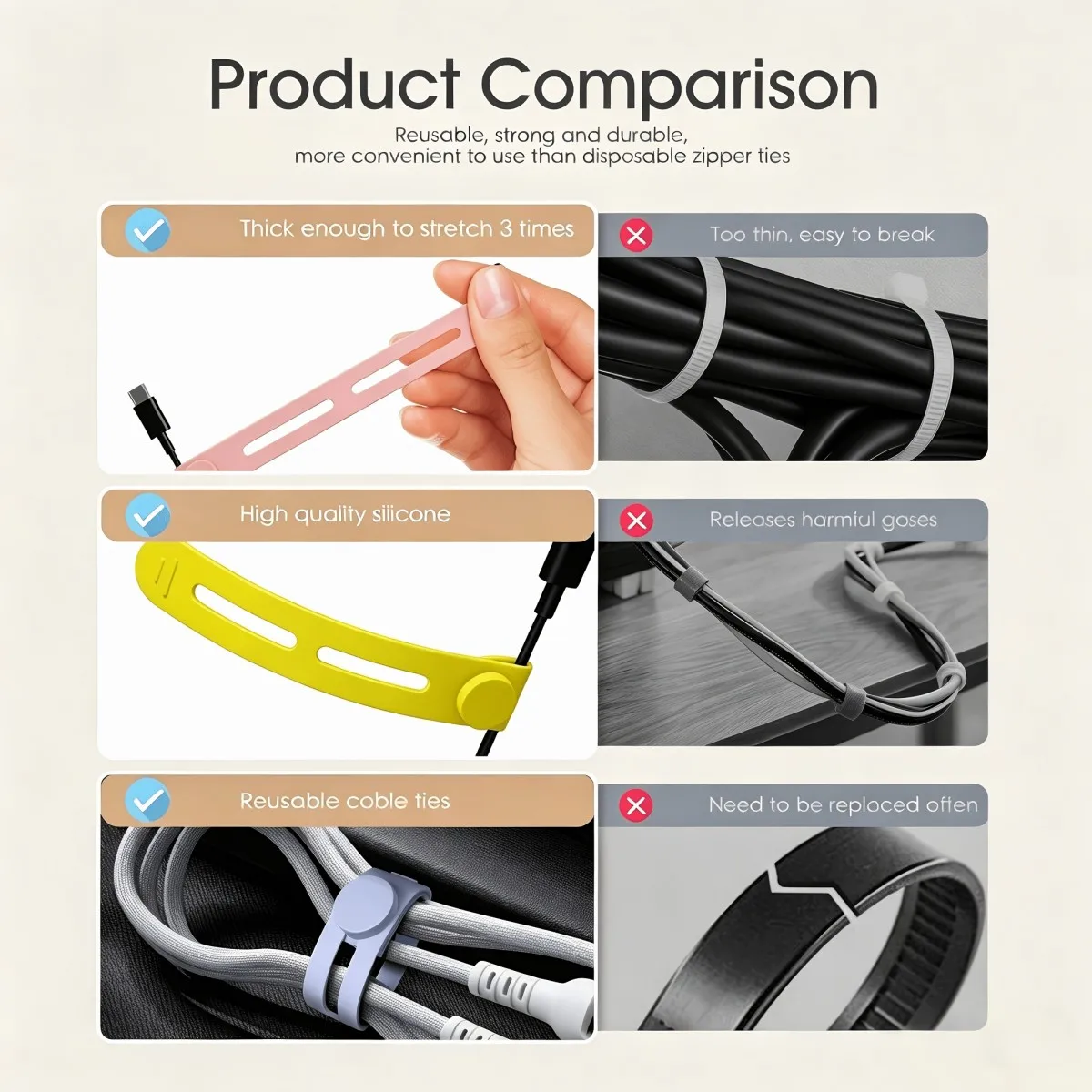Reusable silicone cable tie, self-locking, durable, storage, multi-purpose wire management strap