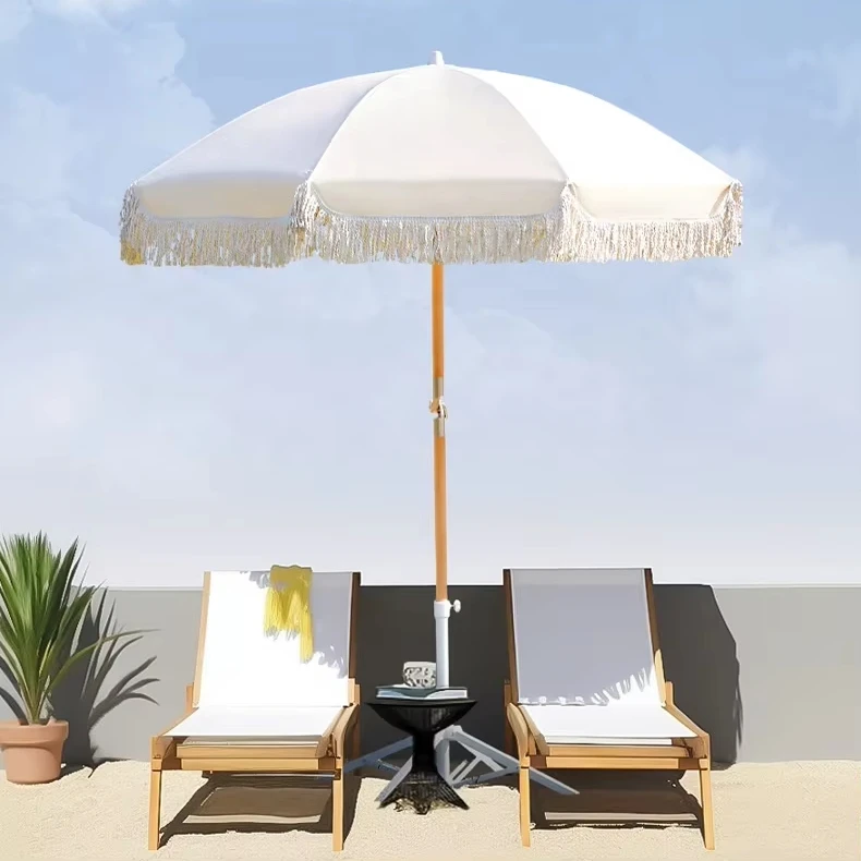 

LS Umbrella09 Luxury Vintage Canvas Parasol Fringe Tassels Recycled Wood For Garden Beach Modern Design Manual For Parties
