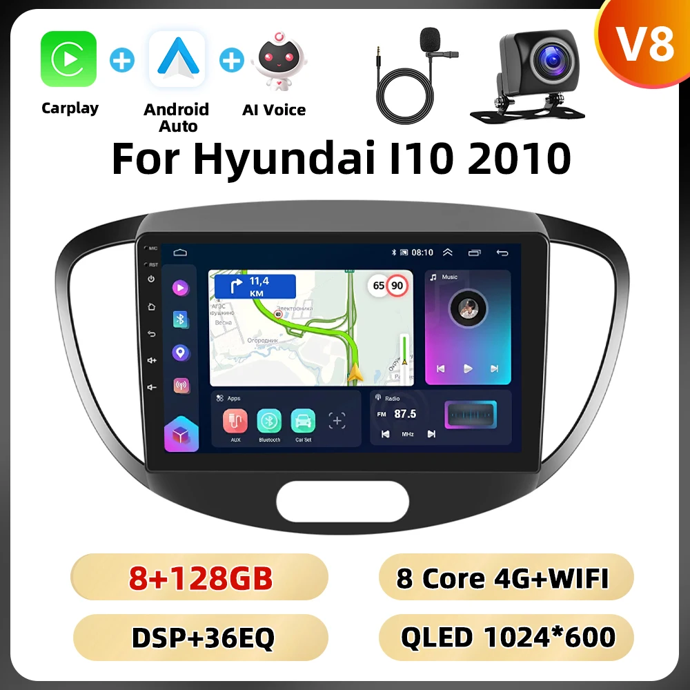 Podofo 8 + 128G 9 ''Autoradio Voor Hyundai I10 2010 Multimedia Speler Android Auto Carplay 8Core spiegel Link Bluetooth WIFI 4G RDS