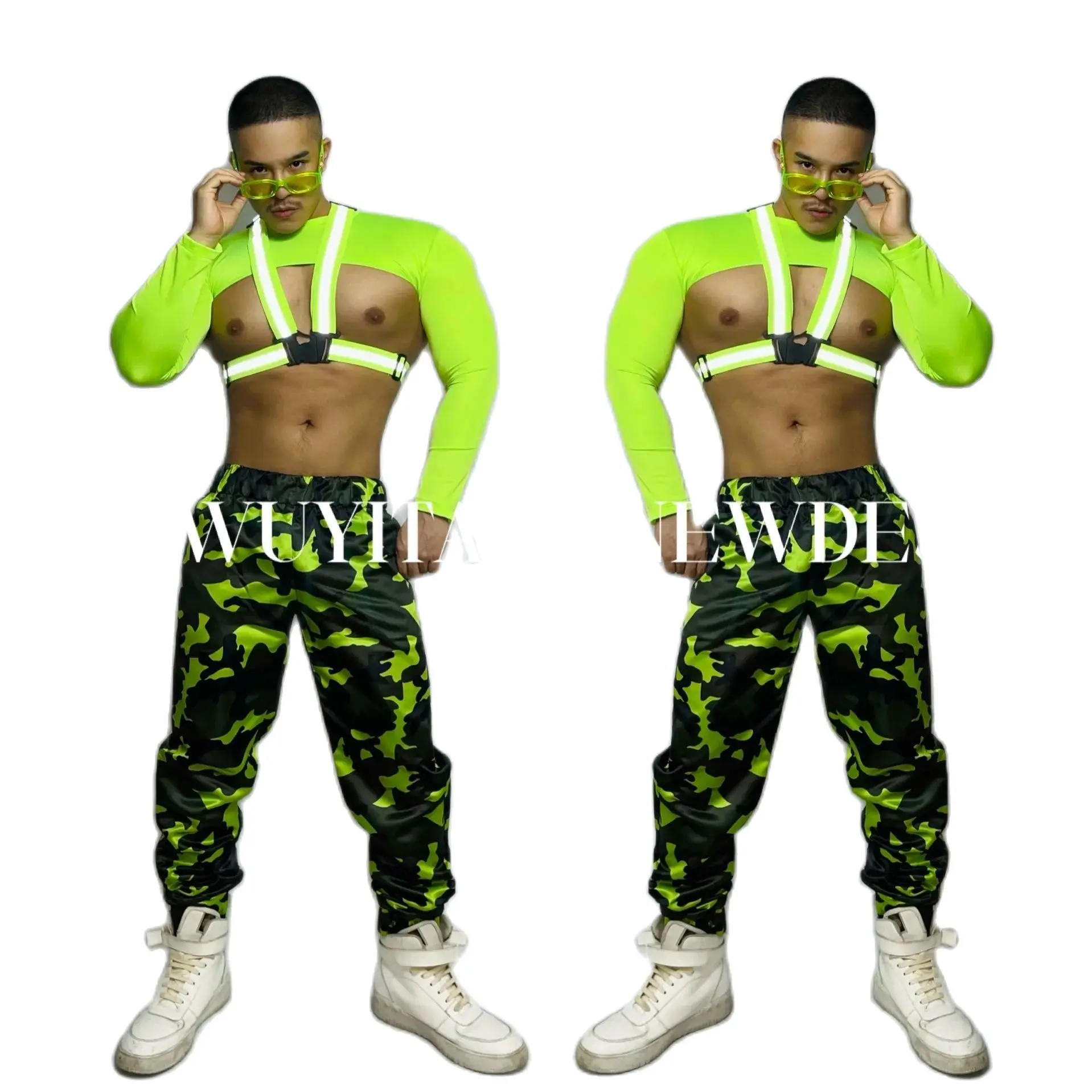 2025 신상 무대 의상 힙합 카모 팬츠 세트 형광 그린 유로 아메리칸 머슬 남성 인기 공연 의상 yj105