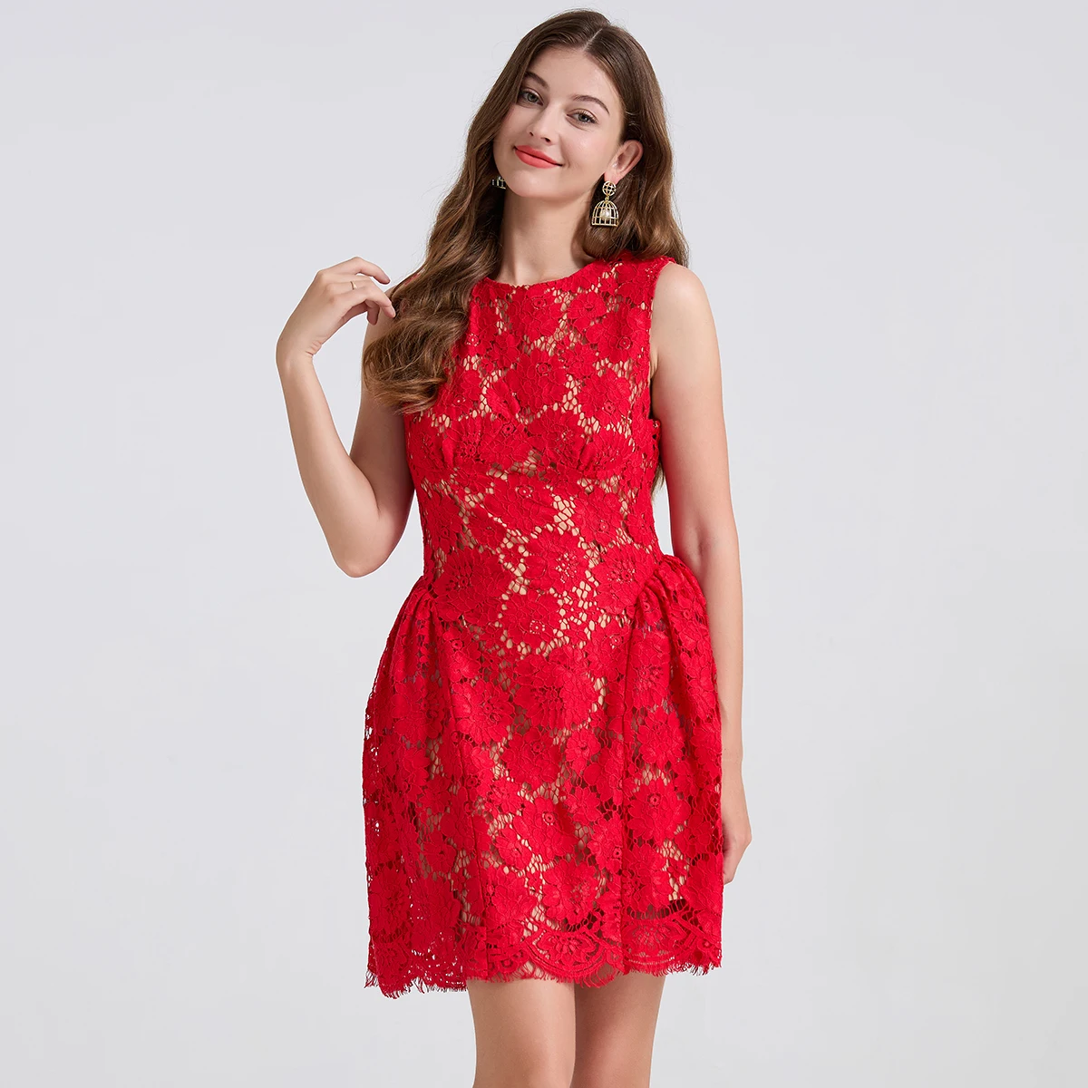 

2025 Elegant Luxury 3D Flower Emboridery Hollow Out Lace Dress For Women Solid Sleeveless Tank Dress Slim A-Line Short Dresses