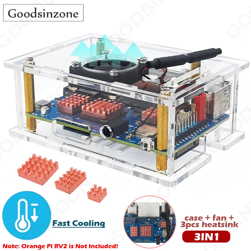 Orange Pi RV2 Case with Fan and 3Pcs Heatsink Kit, 3in1 Cooling Fan Copper Heatsink Cooler Shell Box set for Orange Pi RV2 Board