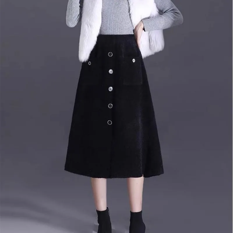 Women Front Button Midi Skirt Big Pocket High Waist A Line Thick Fabric Casual Swing Skirt