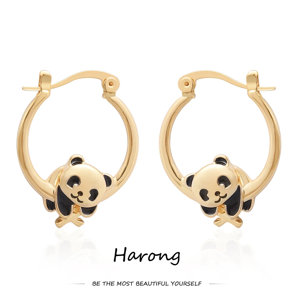 Harong Gold Color Panda Hoop Earrings Cute Animal Collection Female Jewelry Ear Ring Wedding Birthday Gift for Women Girls