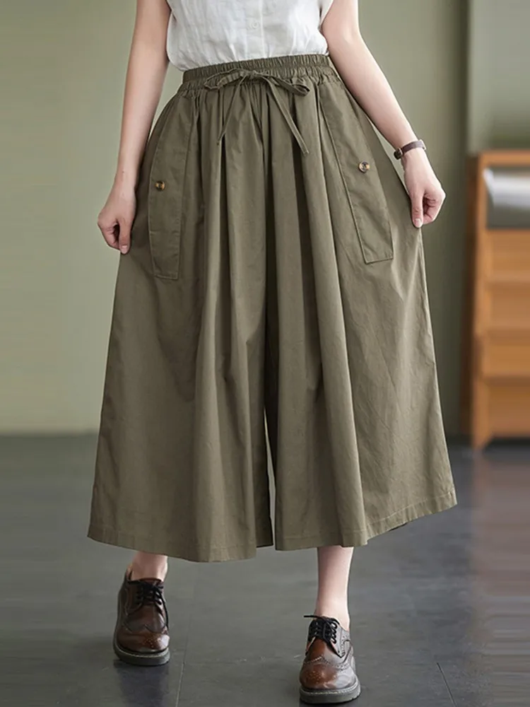 Women Casual Calf-length Pants New 2023 Summer Korean Style Solid Color Loose Comfortable Cotton Female Wide Leg Pants B2402