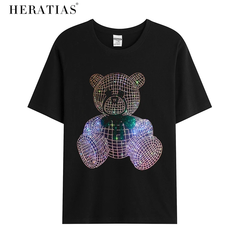 Hot high-quality men's summer short-sleeved casual T-shirt New super shiny hot drill fluorescent bear very beautiful bear T-shir