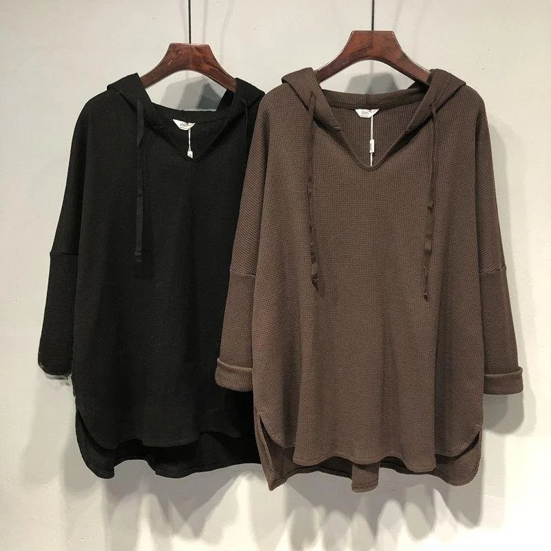 

plus Size Women's V-Neck Long Sleeve Loose Fit T-Shirt Mid-Length Casual Top Age-Defying Large Code Fashion OL Style