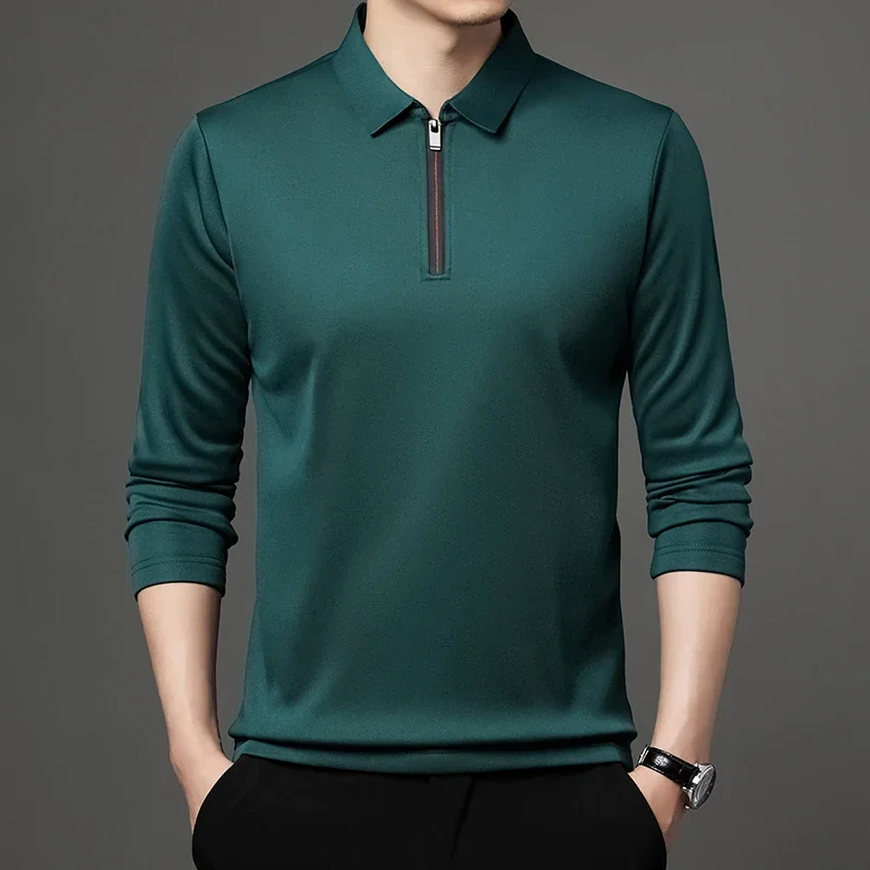 Solid Color Long Sleeve Polo Shirt Fashion Zipper Men\'s Polo Neck Top Cotton Polo Collar Long Sleeve T-shirt