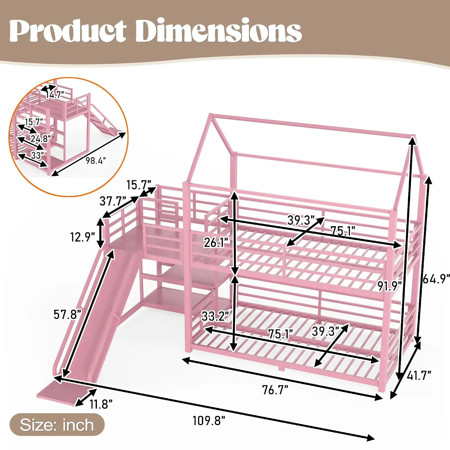 Twin Bunk Bed with Slide & Storage Stairs, Heavy Duty House Shaped Metal Bed for Kids, No Box Spring Needed, Pink, Customized