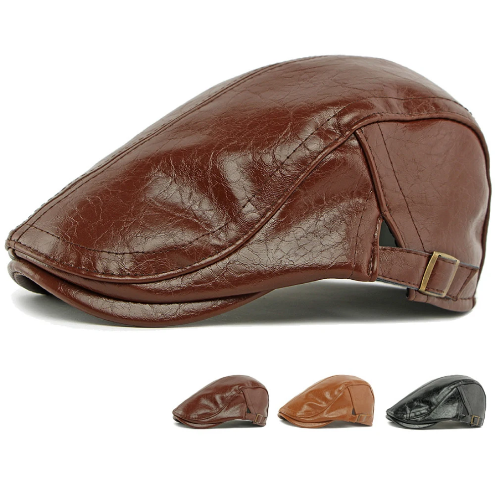

HT4864 Berets Autumn Winter Hat Men Women PU Leather Cap Artist Painter Beret Hat Male Female Ivy Flat Cap Adjsutable Beret Caps