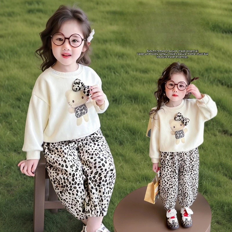 

Sanrio Baby Girl Clothes Set Autumn Kid Bear Sweatshirts Pullover Cute Top & Leopard Print Pants 2pcs Suit Children Tracksuits