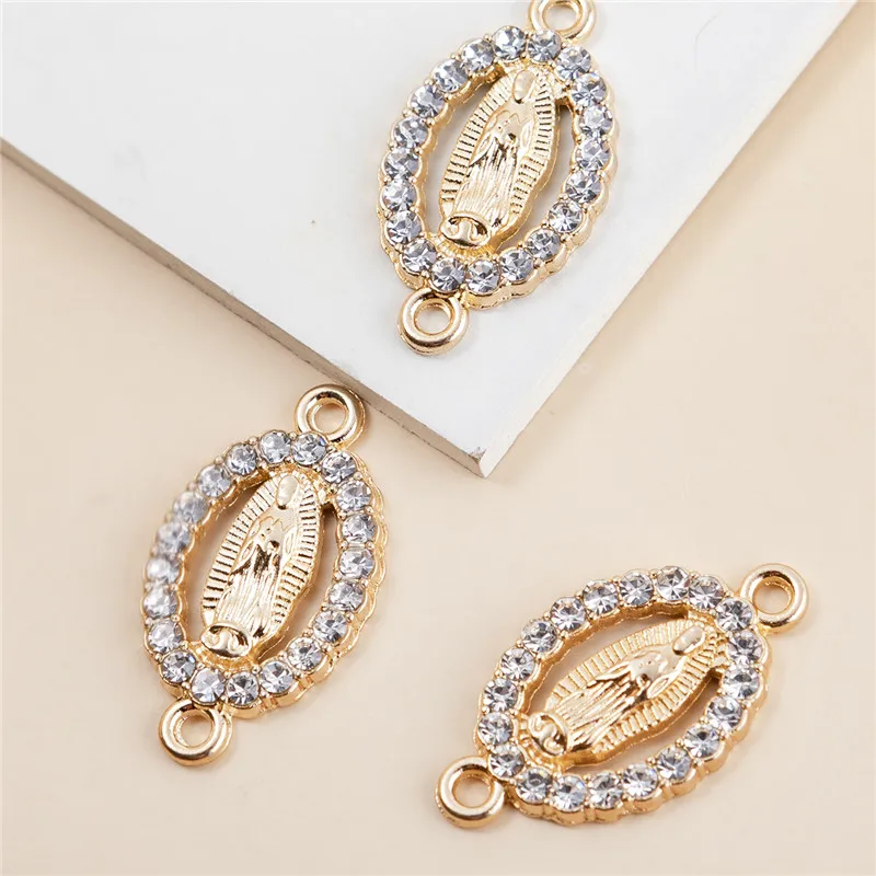 3Pcs Gold Color Crystal Oval Virgin Mary Alloy Pendant Connector Fashion Handmade Diy Bracelet Women Jewelry Accessories Making
