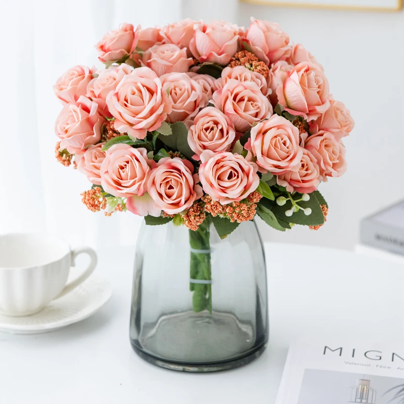 1 قطعة الزهور الاصطناعية الحرير باقة الورد لعيد الميلاد حديقة المنزل الزفاف باقة الزفاف الديكور تشكيلة زهور ذاتية الصنع #4