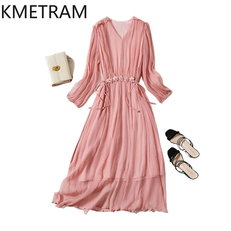 

KMETRAM 100% Mulberry Silk Dress Woman Summer 2025 High Quality Long Dresses Party V-neck Frocks Ladies Clothes платье женское