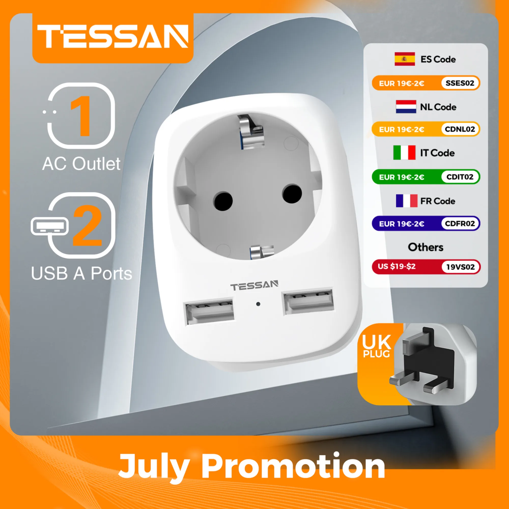 TESSAN EU To UK Travel Adapter Portable Wall Socket with 1 Outlet 2 USB Ports Type G A I F Plug US/DE/AU/England Adapter Socket