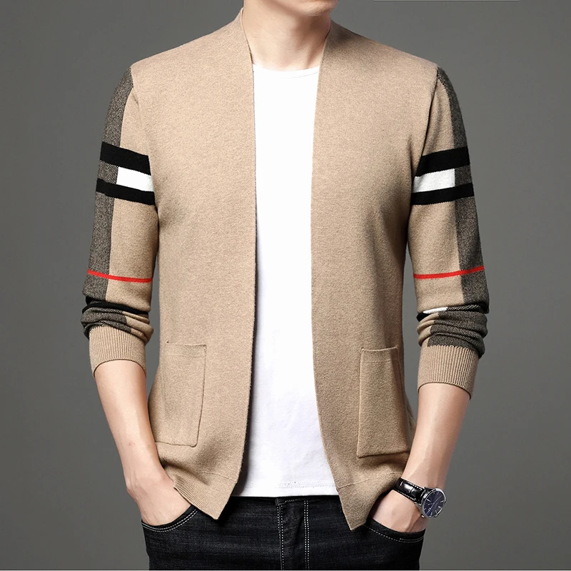 الراقية مخطط اللون منعت سترة مشغولة من الصوف الرجال الأزياء الفاخرة العلامة التجارية مصمم جديد الخريف عارضة سترة معطف جيب شال #5