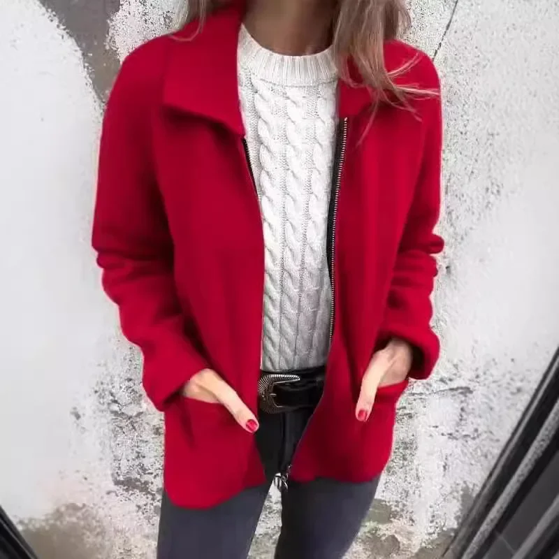 Manteau en laine monochrome pour femme, veste à poche zippée à revers, manteau moyen et long, automne et hiver, nouveau