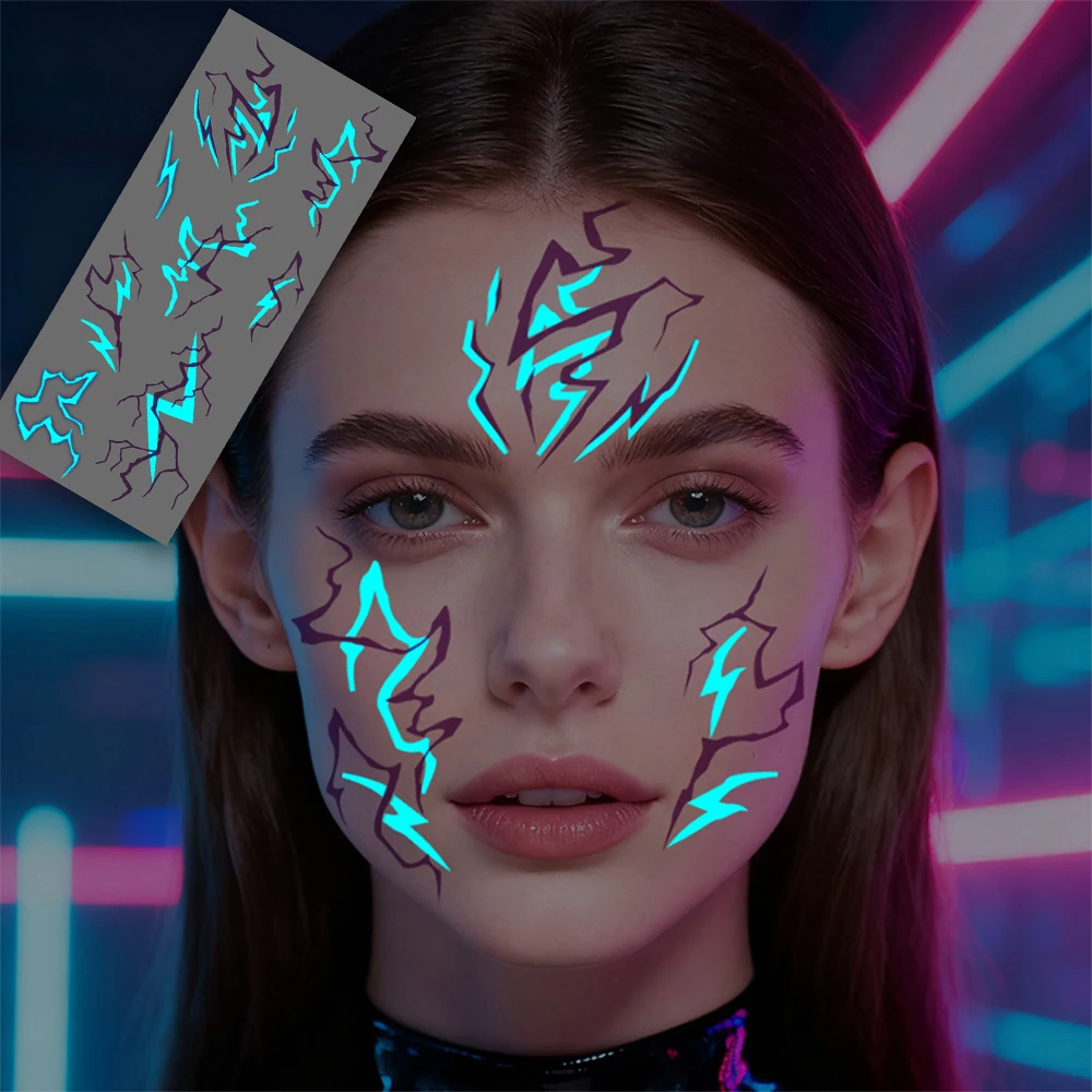 2 Sheets KPOP Luminous Temporary Tattoos, Glow-in-the-Dark Purple Lightning Makeup Stickers, Gothic Kpop Body Art Tattoos, Gifts