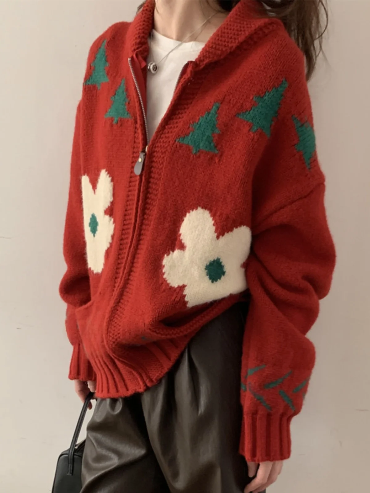 

Thiened Knitted Sweater Lapel Flower Pattern Winter New Year Red Women's Outerwear Top High Quali Lazy Sle Commute Faion