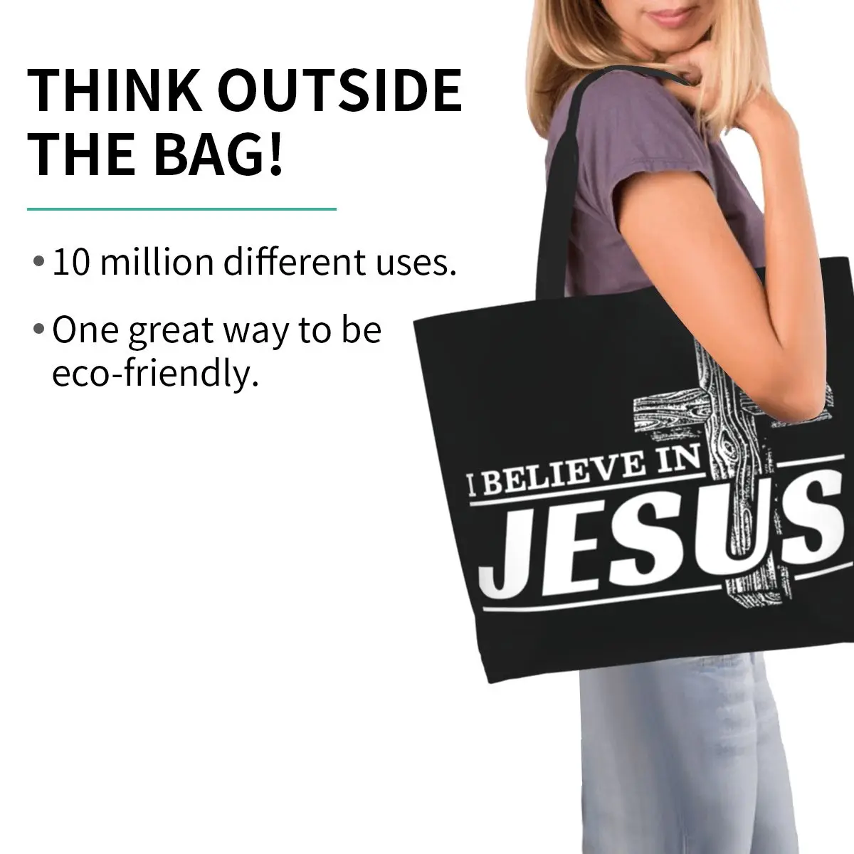 أنا أؤمن على يسوع المسيح البقالة حمل أكياس التسوق المسيحية الإيمان قماش المتسوق حقائب الكتف حقائب اليد ذات سعة كبيرة