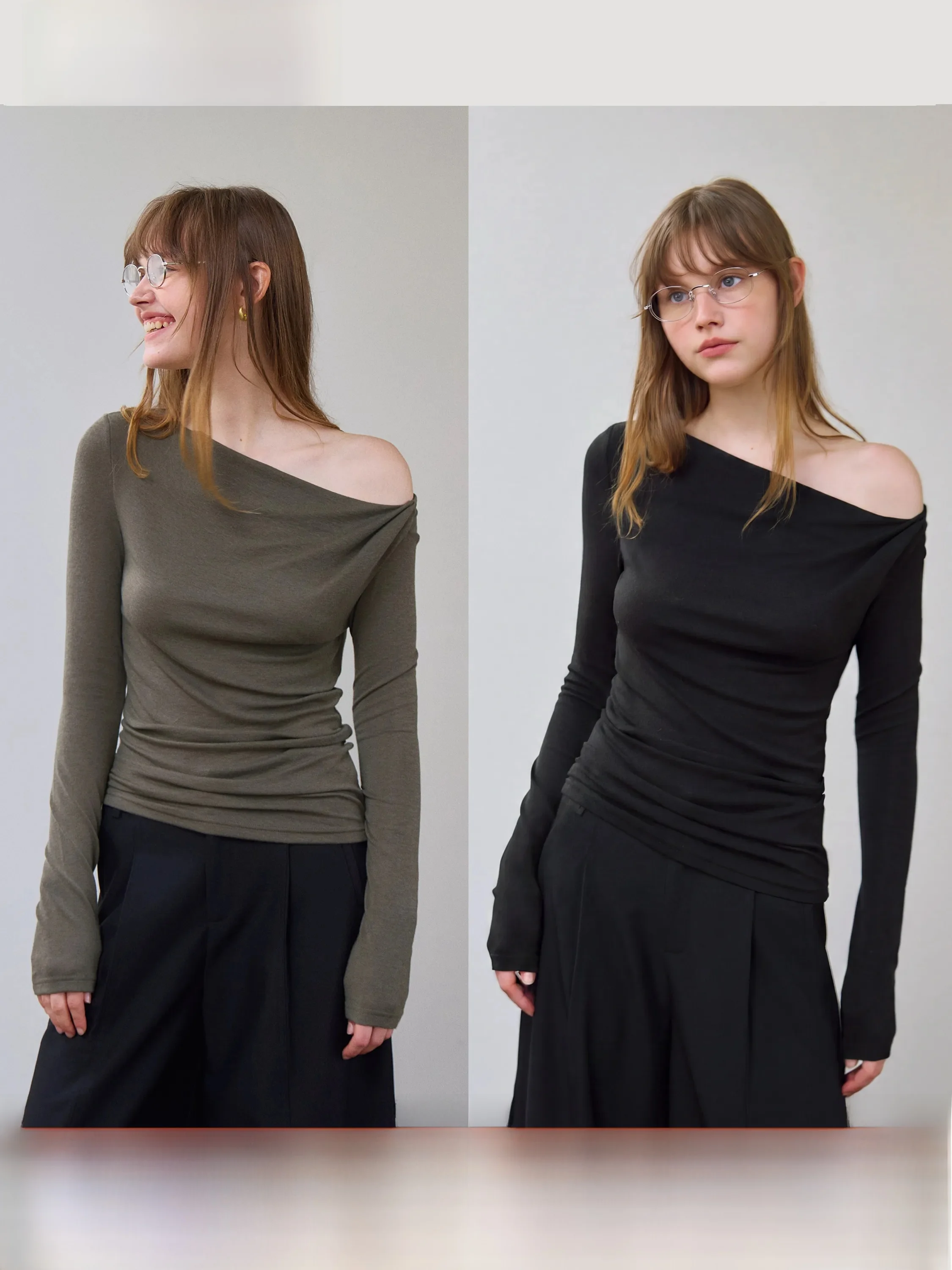 Elegant Long Sleeve Women's T-shirt Xumooxii Rylee Wool Blend Shoulder Bared One-Shoulder Base Shirt for Autumn