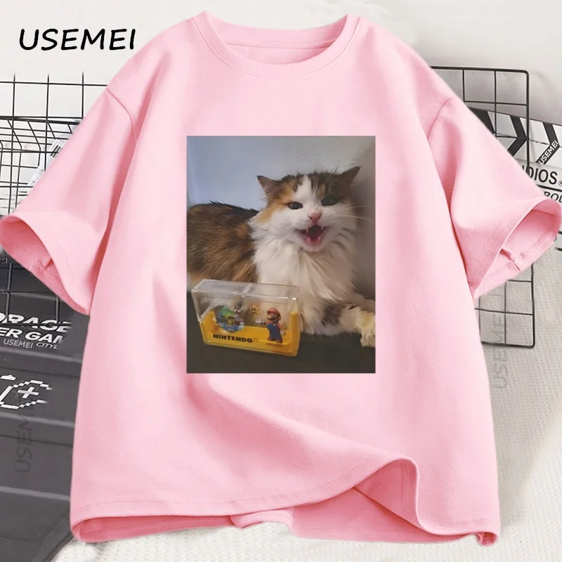 Funny Angry Cat Meme Graphic T‑Shirt Retro Game Toy Print Unisex Oversized Short Sleeve Tee Men Women Casual Streetwear Tops