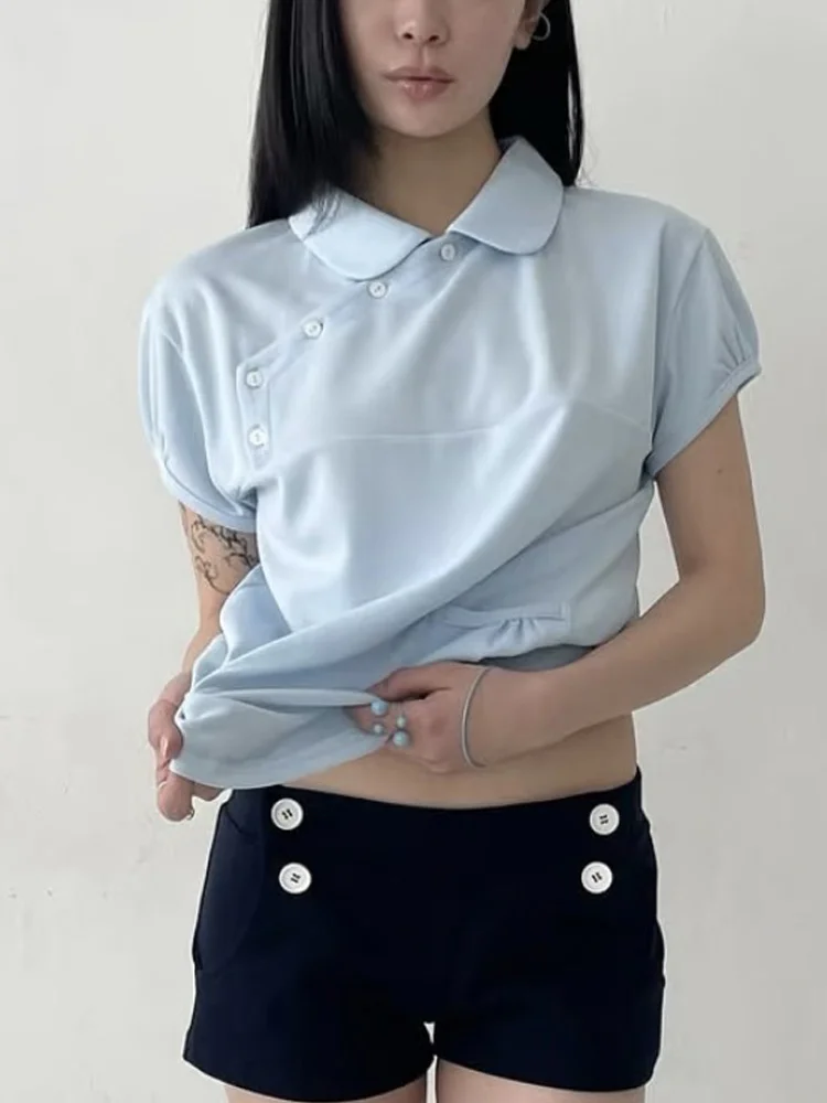 Women's daily casual sweet Y2K Peter Pan collar slanted button back pleated pocket short sleeved INS versatile T-shirt