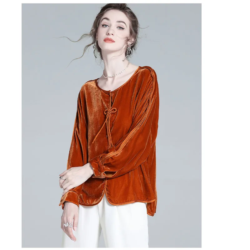 

Natural Silk Velvet Women's Blouse Vintage New Chinese Button Shirt Senior Sense Mulberry Silk Shirt Wine Red Silky Soft Light