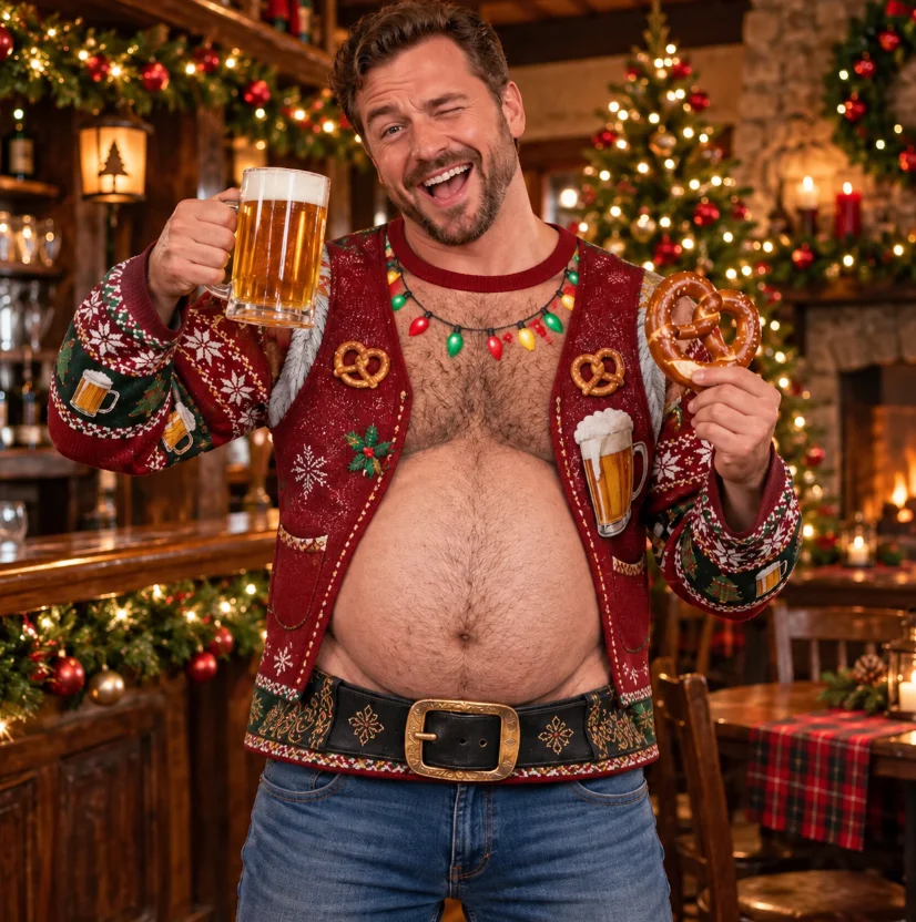 Funny Beer Pretzel Christmas Ugly Sweater Print Long-sleeved T-shirt Unisex Beer Pub Xmas Party Holiday Long Sleeve Tops