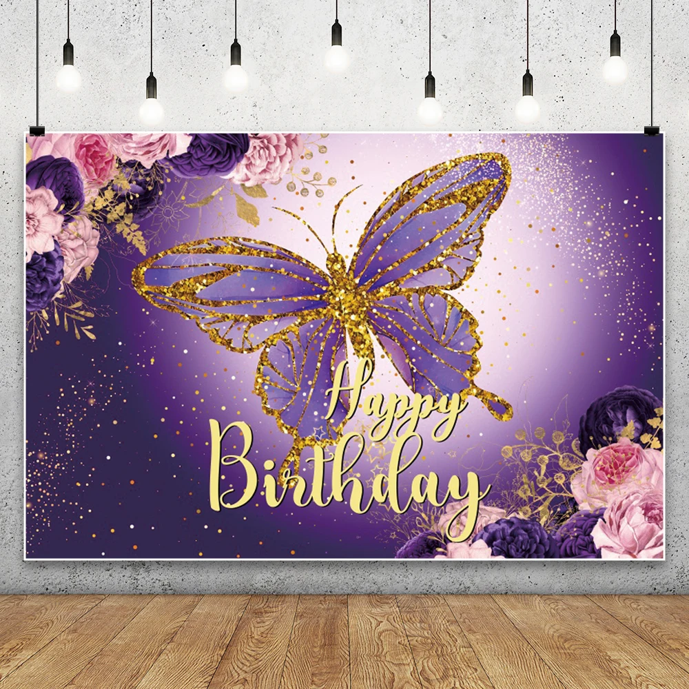 

Purple Butterfly Birthday Backdrop Girl Floral Butterfly Birthday Photography Background Purple Gold Butterfly Party Decoration