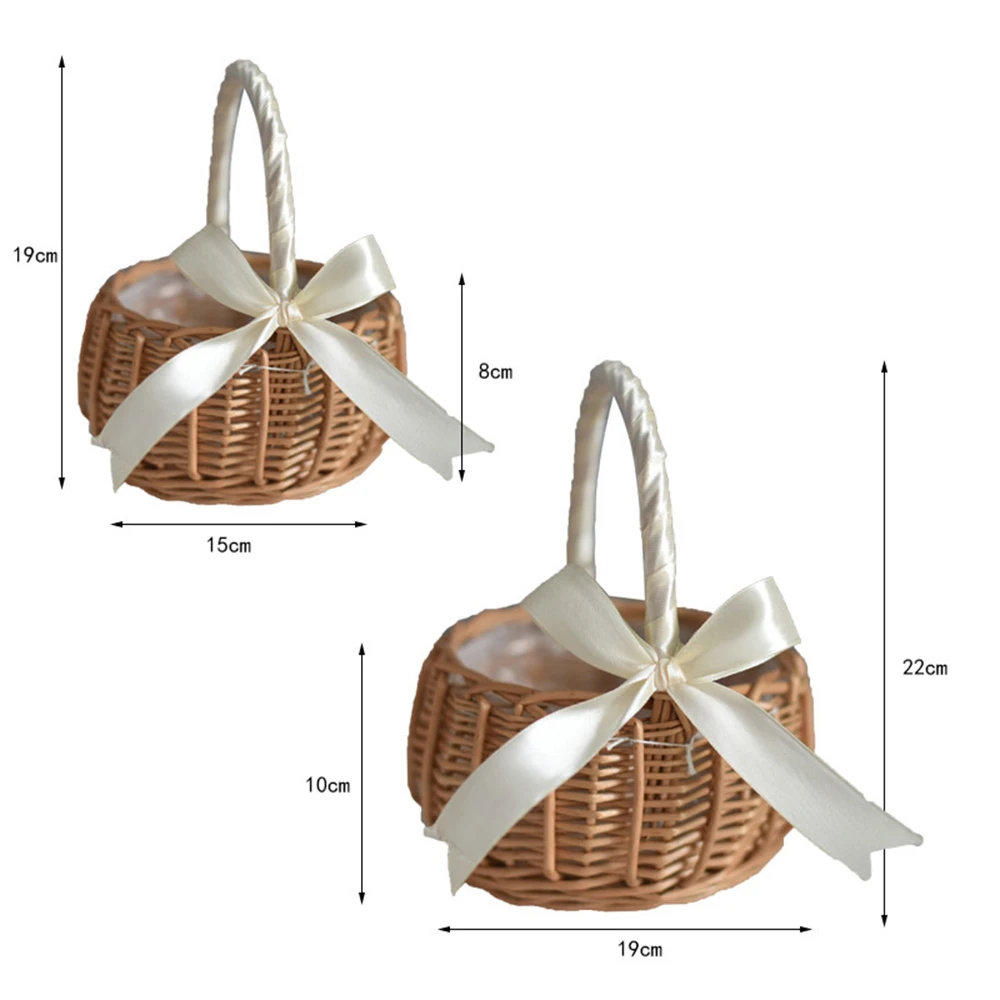 Wicker Woven Flower Basket, with Handle and White Ribbon, Wedding Flower Girl Baskets, for Home Garden Decoration(L)