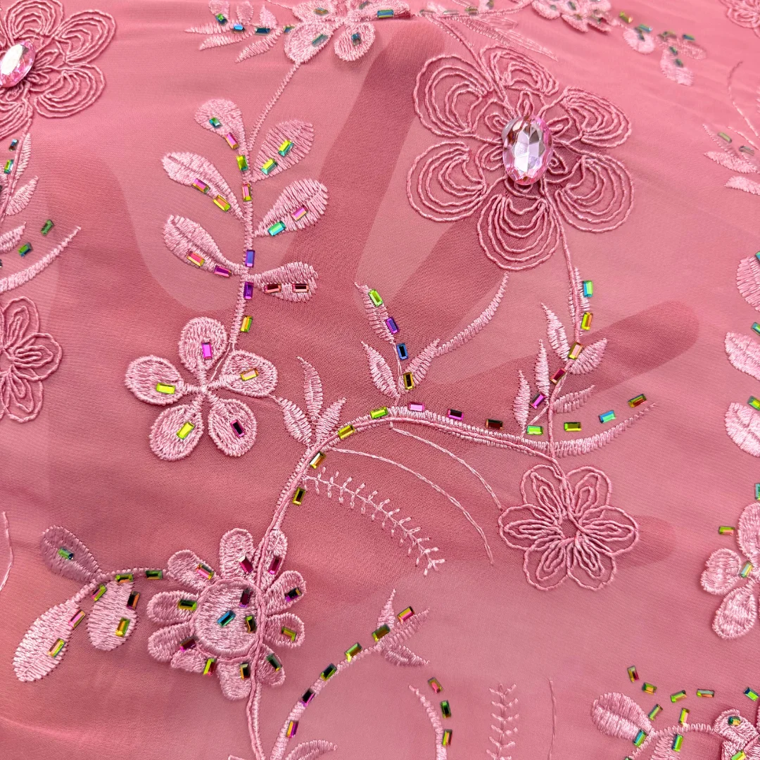 

Newest Pink Chiffon Lace Fabric Floral Embroidery Rhinestone African Nigerian Lace Material for Women Wedding Party Dress Sewing