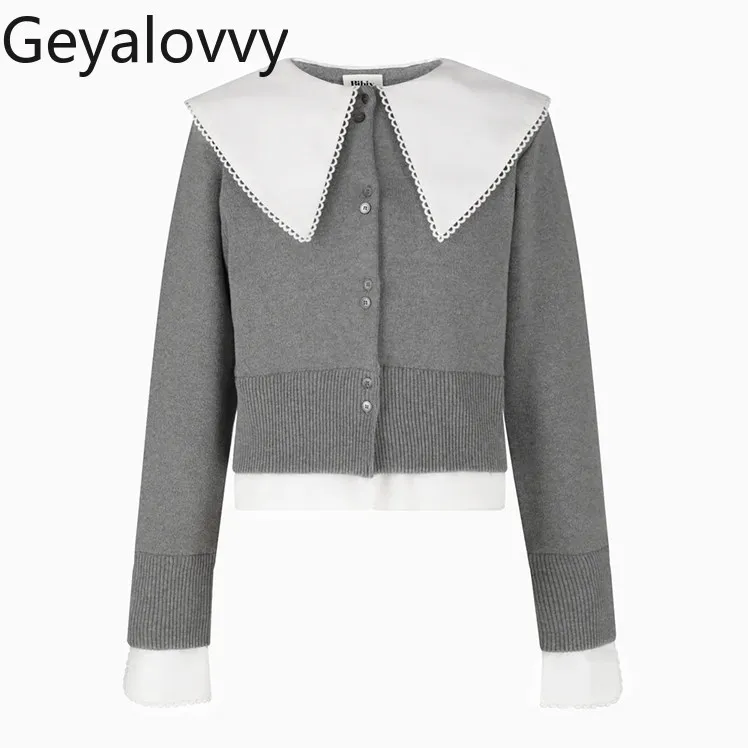 

Japanese-style Sweet Lace Patchwork Lapel Faux Two-piece Sweater Pure Cotton Long-sleeve Women's Casual Short Knitted Cardigan