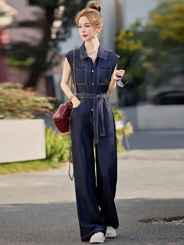 

Retro Hong Kong Sle Svel Denim Overalls Women's Summer New Belt High Waist Slimming Small Size One-Piece Pants