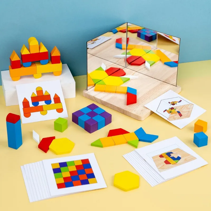 Bambini in legno creativo 3D proiezione tridimensionale blocchi spaziali ombra specchio abbinamento Puzzle bambini giocattoli per la prima educazione