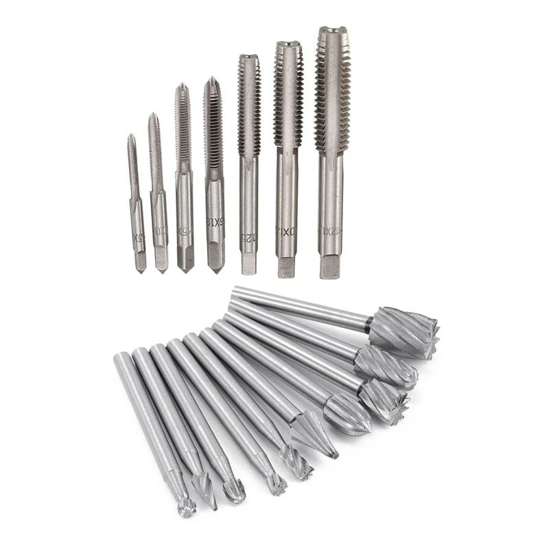 7Pcs M3 To M12 Metal Hand Screw Machine Metric Taper Plug Tap & 10Pcs HSS 1/8 Inch (3Mm) Shank Woodworking Carving Tools