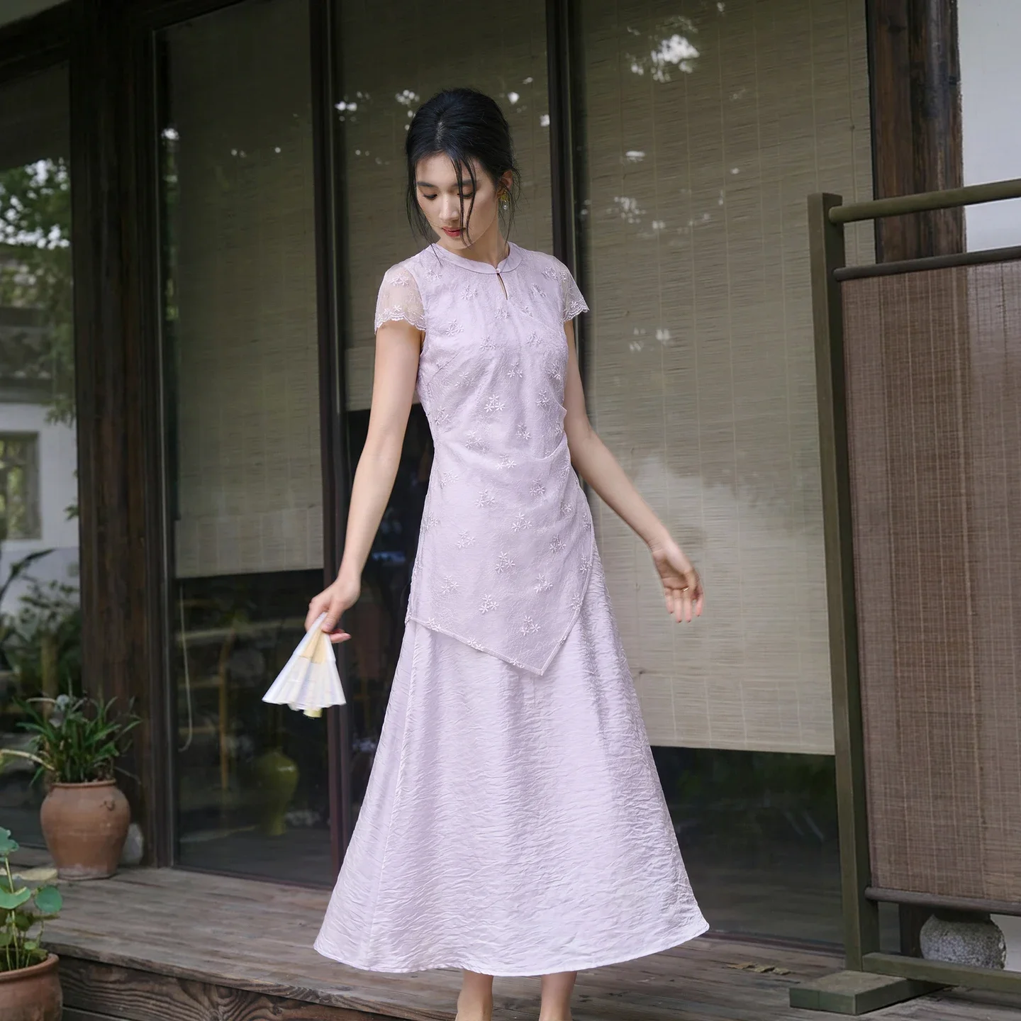 SENTUBILA Lace Spliced Elegant Purple Dresses for Women Summer Flutter Sleeve Satin Finish Textured A-line Long Dress 162LI7124