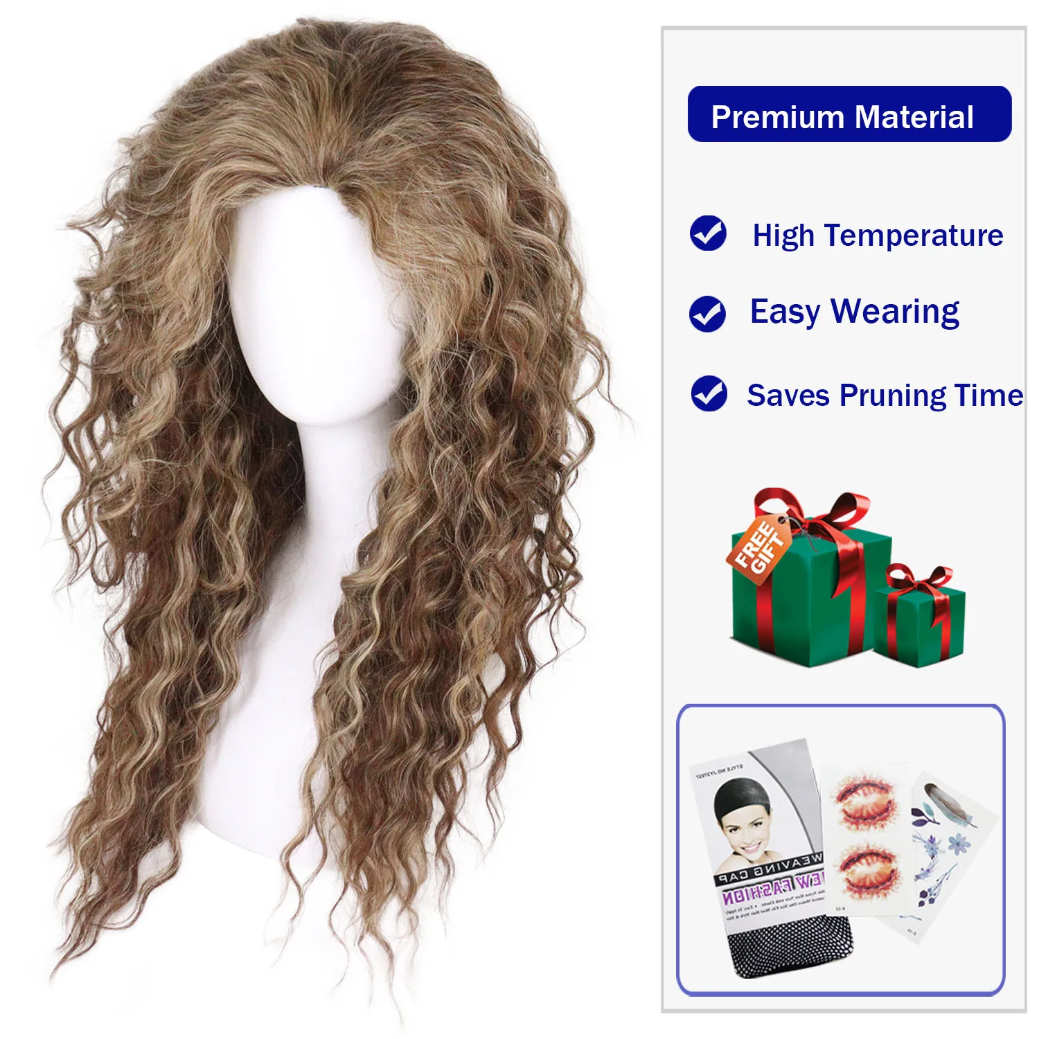 Synthetic Wigs Long Curly Ombre Brown Highlight Loose Wave Wig with Middle Part Heat Resistant Daily Cosplay Women Natural Look